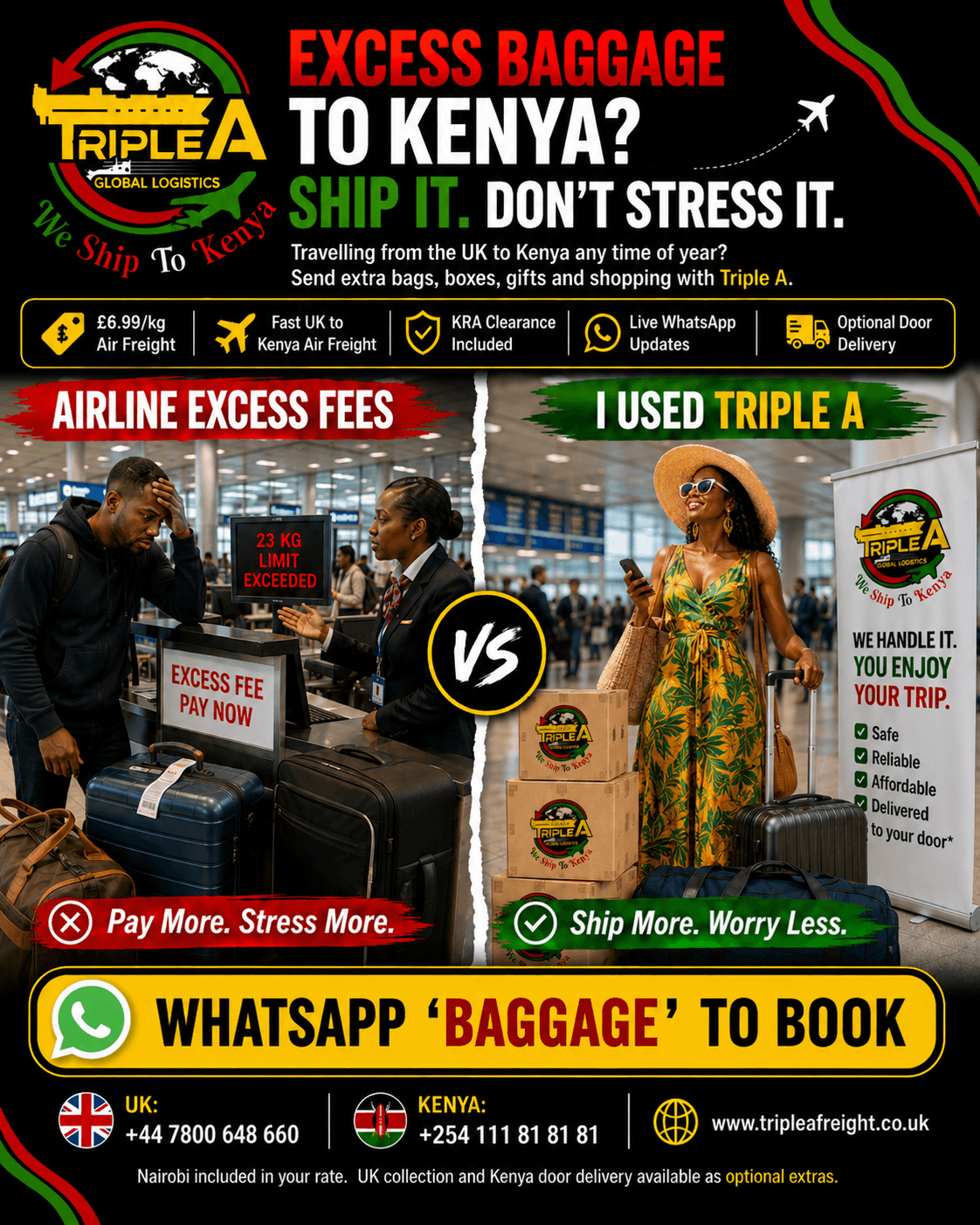 Airline excess baggage fees versus Triple A air freight for shipping extra bags from the UK to Kenya